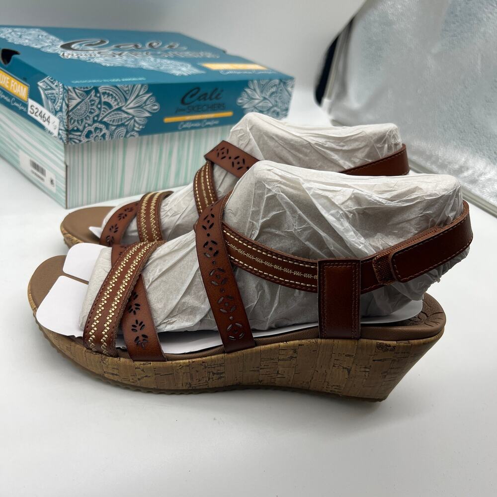 Skechers Beverlee Vegan Wedge Strappy Sandals Brown Size 10 - Picture 2 of 13